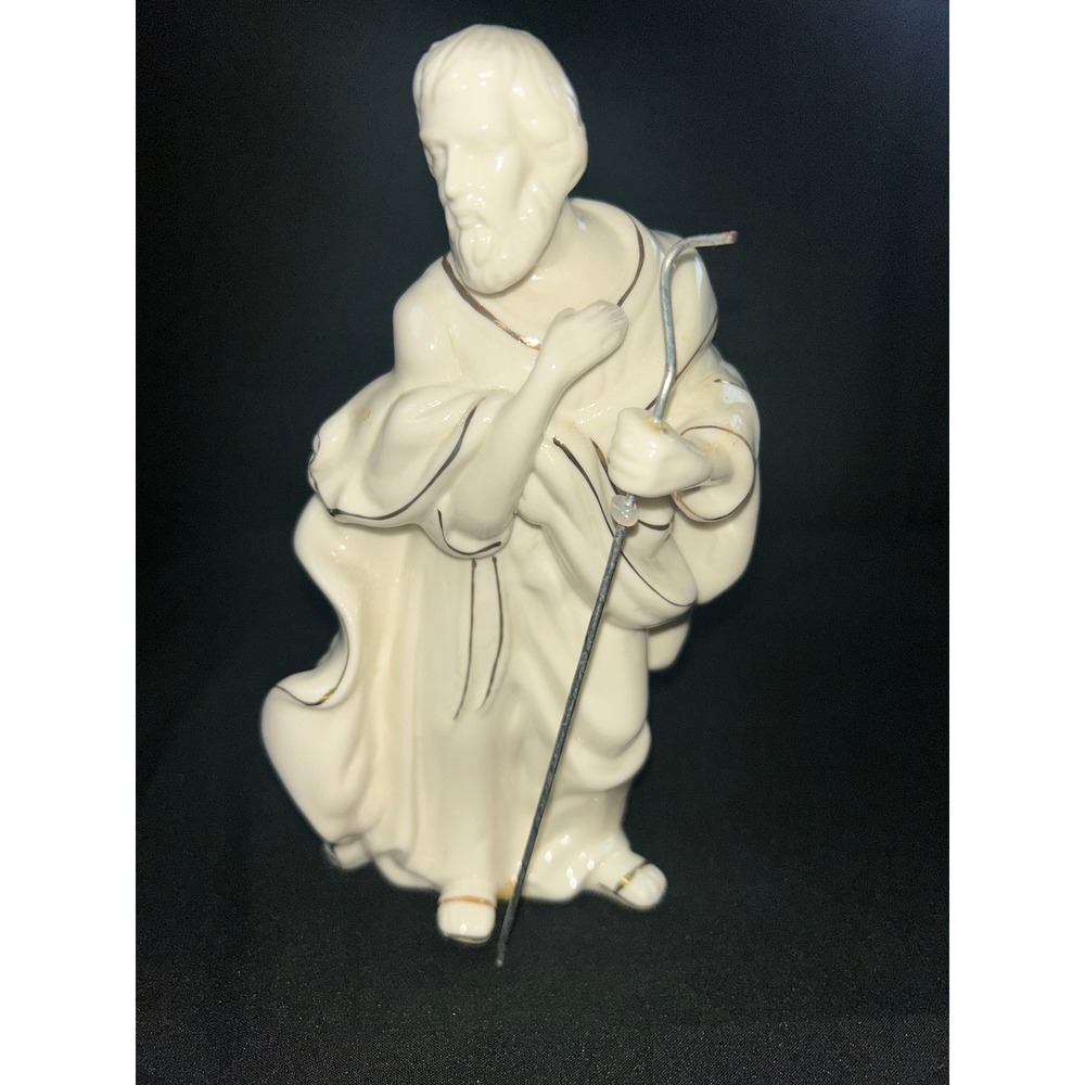Vintage Joseph Shepherd Figurine Cream Gold Trim‎ Ceramic Figurine Nativity
